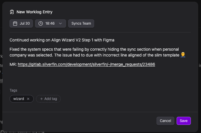 New Worklog Entry dialog
