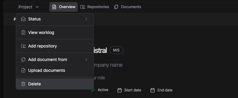 Project dropdown delete option