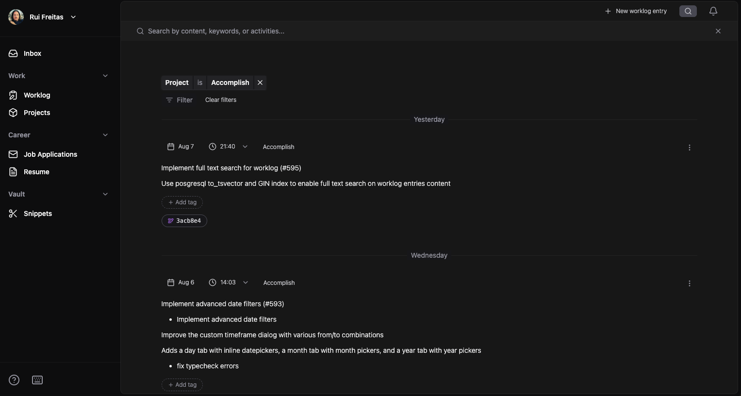 Accomplish application interface showing worklog entries and project management